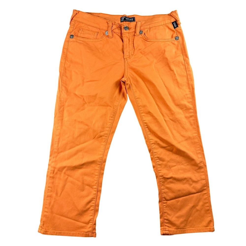 Y2K Versace Couture Jeans Women 27 Orange V-Pocket Straight Denimโ Italy Made